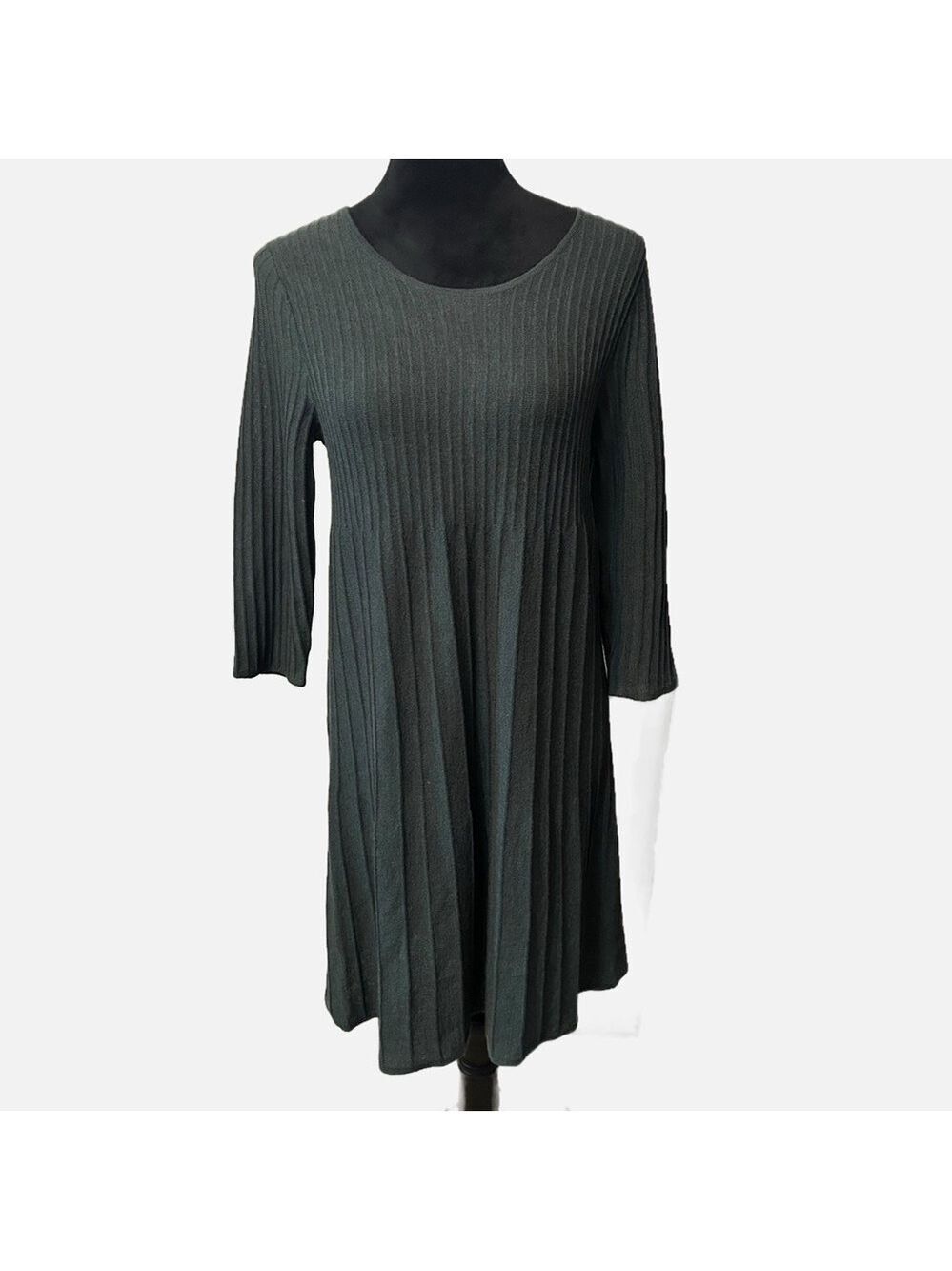 Eileen Fished Women’s Wool Midi Pleated Dress PM Green Olive Preppy Academic